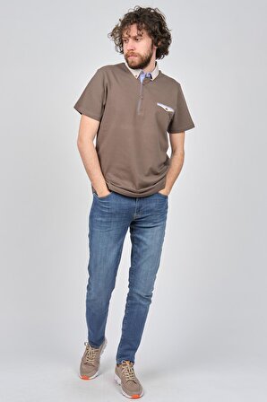 Çizgi Triko Erkek Cep Detaylı Polo Yaka T-Shirt 4253007 Vizon