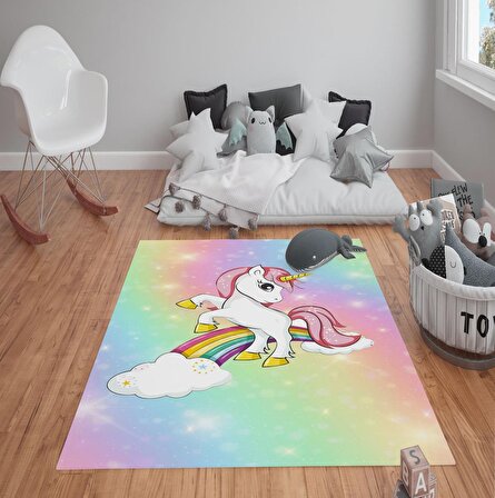 Kaymaz Tabanlı Yıkanabilir  Gökkuşağı Unicorn Desenli Çocuk Halısı Dot Taban Halı