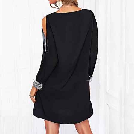 Kadın Siyah Uzun Kollu Kollar Tül Yırtmaçlı V Yakalı Kısa Krep Elbise