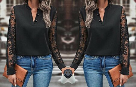 Kadın Uzun Kollu Yaka Düğme Detay Güpürlü Kol Krep Bluz