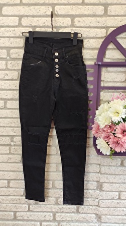 Yüksek Bel Düğme Ve Yırtık Detaylı Kot Pantolon Jean 92cm