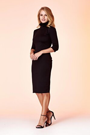 the Basic Dress Siyah Fitted/vücuda Oturan Truvakar Kollu ve Dik Yakalı Vücudu Saran Premium Örme Midi Elbise 1100260