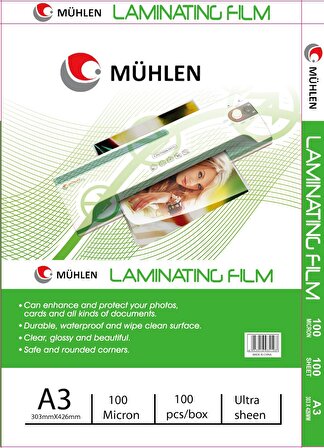 Mühlen Beutel A3-100 | A3 Boyutu, 100 Mikron Laminasyon PVC Filmi 1 Paket 100 Adet