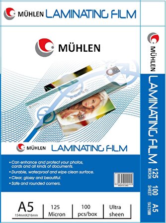 Mühlen Beutel A5-125 | A5 Boyutu, 125 Mikron Laminasyon PVC Filmi 1 Paket 100 Adet