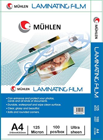 Mühlen Beutel A4-125 | A4 Boyutu, 125 Mikron Laminasyon PVC Filmi 1 Paket 100 Adet