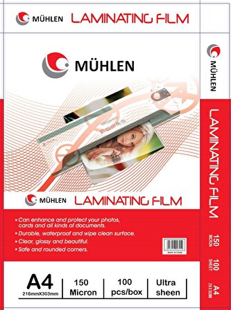 Mühlen Beutel A4-150 | A4 Boyutu, 150 Mikron Laminasyon PVC Filmi 1 Paket 100 Adet