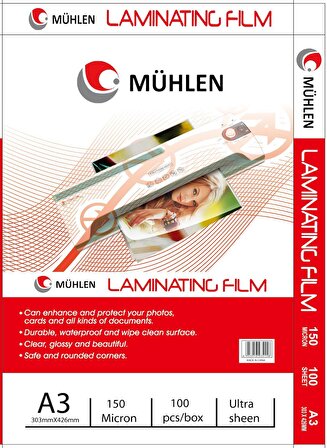 Mühlen Beutel A3-150 | A3 Boyutu, 150 Mikron Laminasyon PVC Filmi 1 Paket 100 Adet