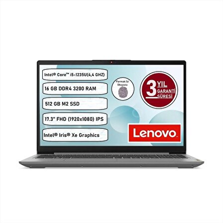 Lenovo Ideapad 3 17IAU7 Intel Core-I5 1235U 16 GB 512 GB SSD Freedos 17.3" 82RL00AKTX Taşınabilir Bilgisayar