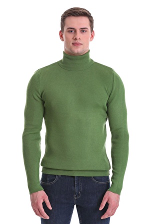 Yeşil Slim Fit Fitilli Balıkçı Yaka Yünlü Triko Kazak | L