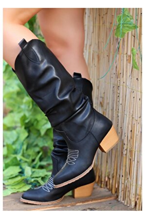 Celya Siyah Topuklu Diz Altı Koboy Kadın Çizme
