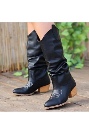 Celya Siyah Topuklu Diz Altı Koboy Kadın Çizme