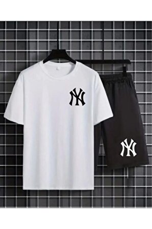 YMKT Unisex NY Baskılı T-shirt Şort Takım Oversize Alt üst Kombin