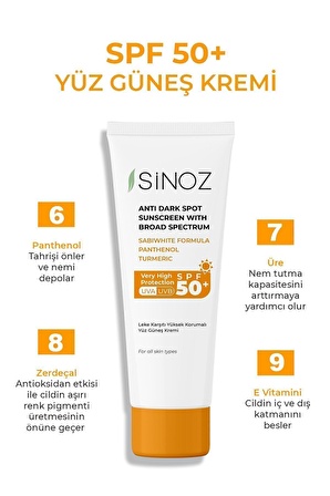 Sinoz Spf 50 Leke Karşıtı Yüksek Koruyucu Yüz Güneş Kremi 50 ml Normal Ve Kuru Ciltler Için