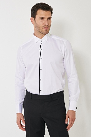 Erkek Beyaz-siyah Slim Fit Dar Kesim %100 Pamuk Ata Yaka Gömlek