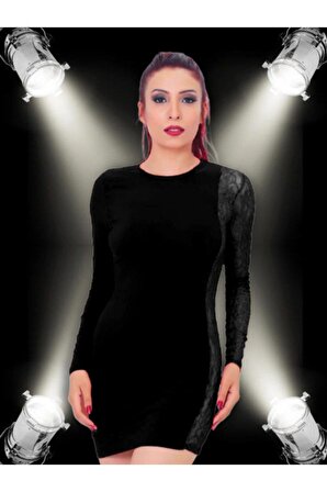 Kadın Dantel Detaylı Süper Mini Elbise - Siyah - L