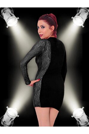 Kadın Dantel Detaylı Süper Mini Elbise - Siyah - L