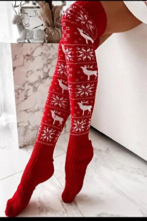 Yılbaşı çorabı diz üstü Geyik desenli kar tanesi detaylı - Kırmızı - Tek Ebat