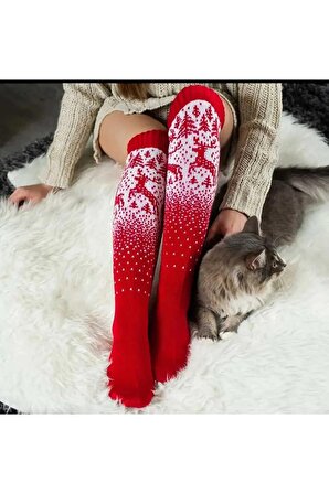 Yılbaşı çorabı diz üstü Geyik desenli çam ağacı ve kar detaylı - Kırmızı - Tek Ebat
