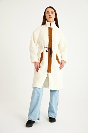 Toridas Peluş Beli Bağcıklı Kışlık Kadın Fermuarlı Astarlı Tüylü Ceket ws02krem4