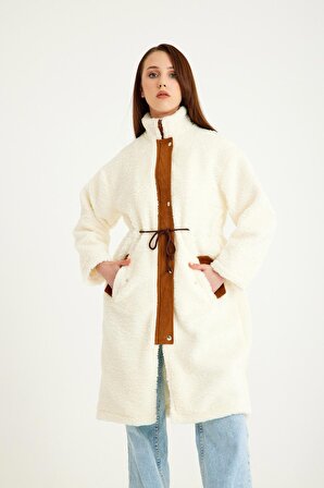 Toridas Peluş Beli Bağcıklı Kışlık Kadın Fermuarlı Astarlı Tüylü Ceket ws02krem4
