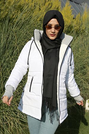 Toridas Kışlık Kapüşonlu Uzun Kadın Şişme Tesettür Mont 805beyaztesettür