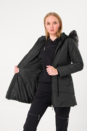 Toridas Kışlık Yaka Kürklü Uzun Kadın Şişme Mont bt122s