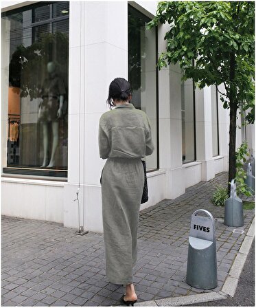 Toridas Keten Günlük Rahat Beli Bağcık Detaylı Uzun Kol Elbise LN07haki
