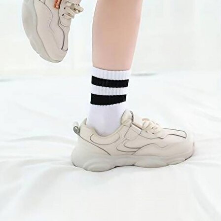 Kız - Erkek Düz Çizgili (4 ÇİFT) Çorap Tenis Model Pamuklu Terletmez Öğrenci Okul Çorabı
