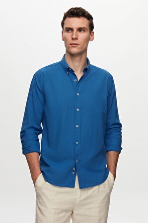 Ds Damat Slim Fit Saks Mavi Keten Görünümlü Gömlek 6HC02ORT63265