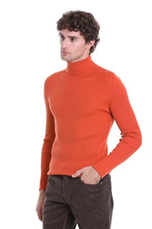 Turuncu Slim Fit Fitilli Balıkçı Yaka Yünlü Triko Kazak | M