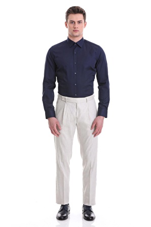 Lacivert Slim Fit Düz 100% Pamuklu Slim Yaka Uzun Kollu Casual Saten Gömlek | XXL