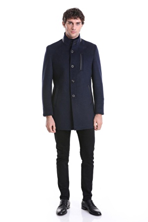 Lacivert Regular Fit Hakim Yaka Yünlü Kaşe Palto | 3XL