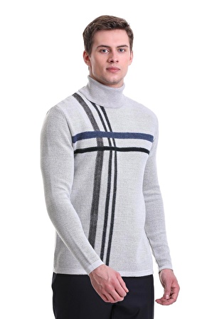 Gri Comfort Fit Desenli Balıkçı Yaka Yünlü Triko Kazak | XL