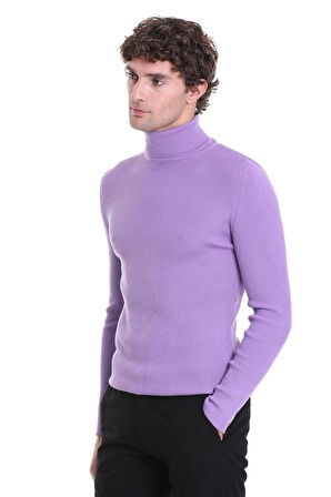 Lila Slim Fit Fitilli Balıkçı Yaka Yünlü Triko Kazak | L
