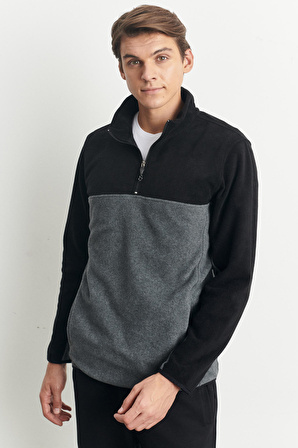 Erkek Siyah-Açık Melanj Anti-Pilling Tüylenme Yapmayan Standart Fit Dik Yaka Polar Sweatshirt
