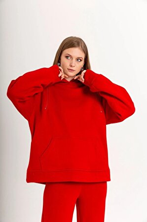 3 Iplik Örme Kumaş Basen Altı Boy Fermuar Detaylı Sweatshirt-kırmızı