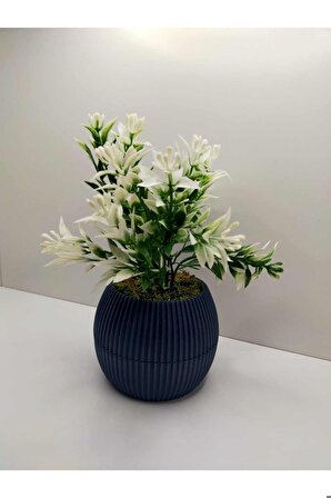 DS- Gece Mavisi Saksı Yeşil Beyaz Yapay Bitki Garnitür Taş Yosunlu 17 Cm Dekoratif Masa Çiçeği No:1 