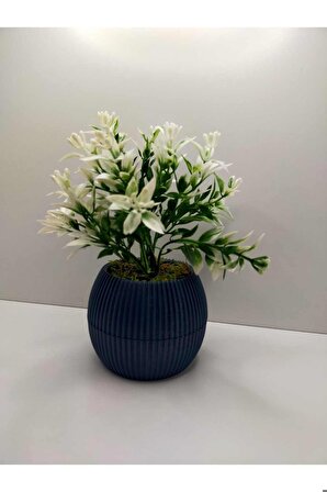 DS- Gece Mavisi Saksı Yeşil Beyaz Yapay Bitki Garnitür Taş Yosunlu 17 Cm Dekoratif Masa Çiçeği No:1 