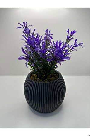 DS- Gri Saksı Mor Afrika Zambağı Yapay Bitki Gerçek Taş Yosunlu 18 Cm Dekoratif Masa Çiçeği No:1 