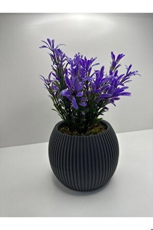 DS- Gri Saksı Mor Afrika Zambağı Yapay Bitki Gerçek Taş Yosunlu 18 Cm Dekoratif Masa Çiçeği No:1 