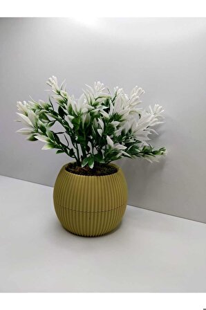 DS- Soft Sarı Saksı Yeşil Beyaz Yapay Bitki Garnitür Taş Yosunlu 17 Cm Dekoratif Masa Çiçeği No:1 