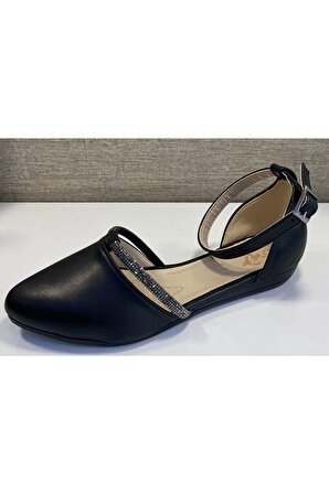 Sedef 299 Kadın Baletli Taşlı Babet Ayakkabı Siyah