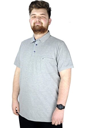 Mode XL Battal Beden Erkek Tshirt Polo Yaka Cepli Klasik Pike 20552 Gri Melanj