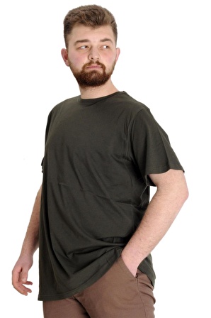 Mode XL Büyük Beden Erkek Tshirt Bisiklet Yaka Basic 20031 Haki