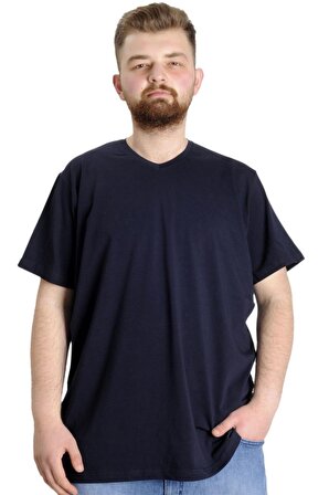 Mode XL Büyük Beden T-Shirt V Yaka Likralı 20150 Lacivert