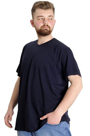 Mode XL Büyük Beden T-Shirt V Yaka Likralı 20150 Lacivert