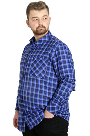 Mode XL Büyük Beden Erkek Gömlek Ekose Uzun Kollu 23300 İndigo