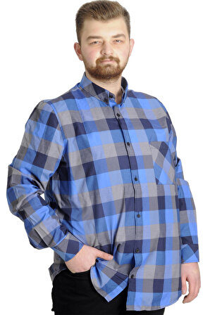 Mode XL Büyük Beden Erkek Gömlek Ekose Uzun Kollu 23300 Lacivert