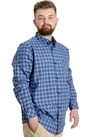 Mode XL Büyük Beden Erkek Gömlek Ekose Uzun Kollu 23300 Lacivert-Beyaz