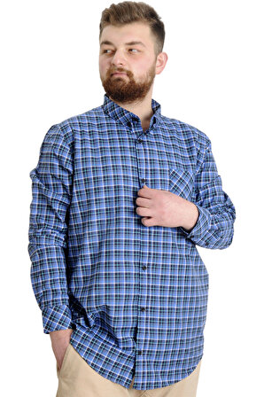 Mode XL Büyük Beden Erkek Gömlek Ekose Uzun Kollu 23300 Lacivert-Beyaz